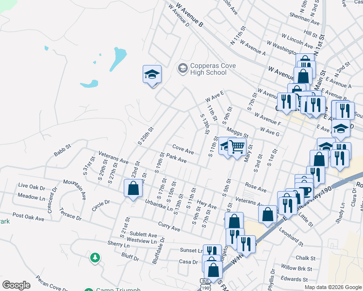 map of restaurants, bars, coffee shops, grocery stores, and more near 906 Park Avenue in Copperas Cove