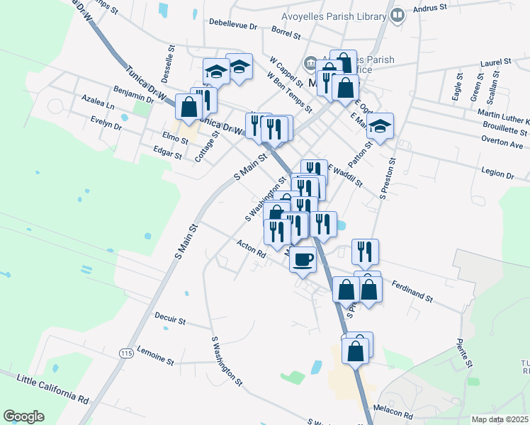 map of restaurants, bars, coffee shops, grocery stores, and more near 511 South Washington Street in Marksville