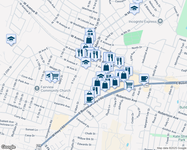 map of restaurants, bars, coffee shops, grocery stores, and more near 110 East Avenue F in Copperas Cove