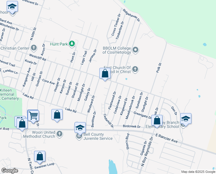 map of restaurants, bars, coffee shops, grocery stores, and more near 4808 Westcliff Road in Killeen