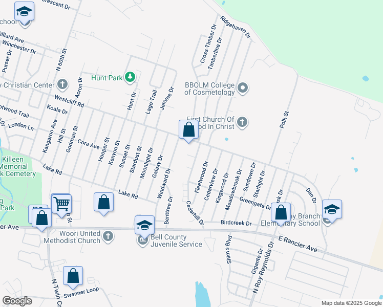 map of restaurants, bars, coffee shops, grocery stores, and more near 4808 Westcliff Road in Killeen