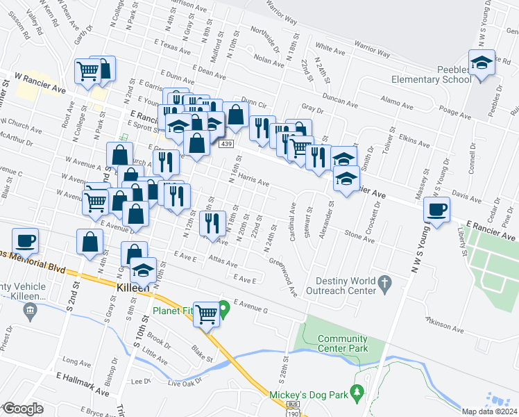 map of restaurants, bars, coffee shops, grocery stores, and more near 914 Brewster Avenue in Killeen