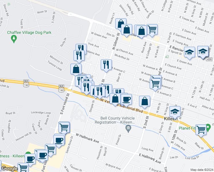 map of restaurants, bars, coffee shops, grocery stores, and more near 721 Norris Avenue in Killeen
