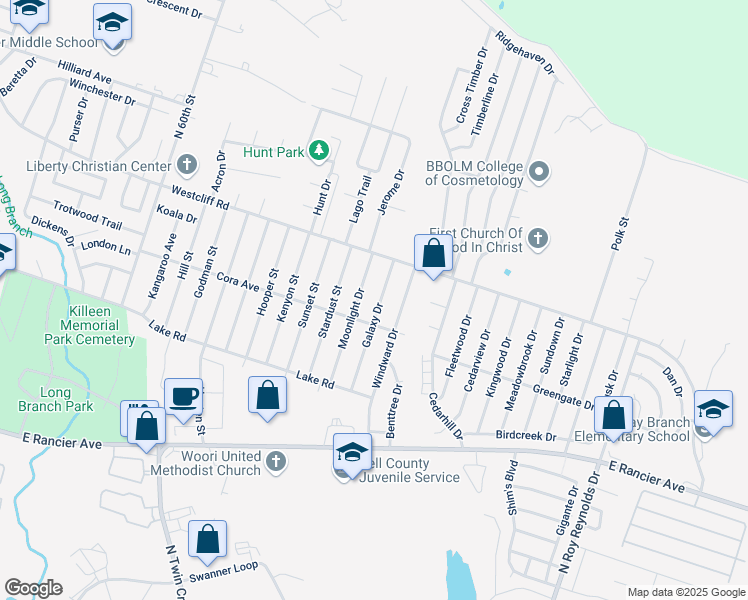 map of restaurants, bars, coffee shops, grocery stores, and more near 2006 Moonlight Drive in Killeen