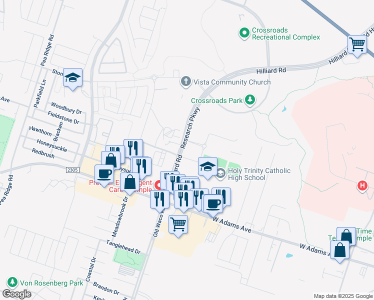 map of restaurants, bars, coffee shops, grocery stores, and more near 419 Hilliard Road in Temple