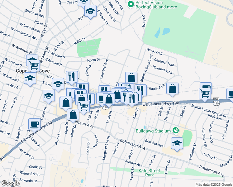 map of restaurants, bars, coffee shops, grocery stores, and more near 104 Wolfe Road in Copperas Cove