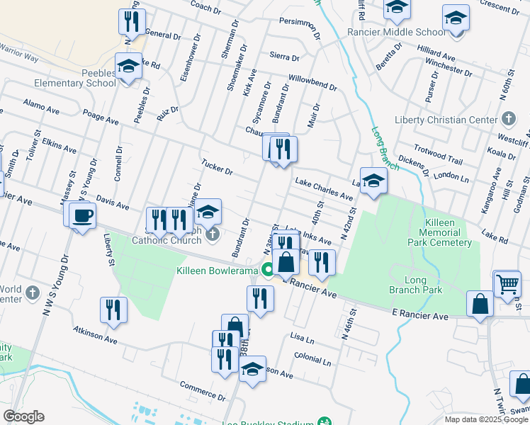 map of restaurants, bars, coffee shops, grocery stores, and more near 3101 Clinkenbeard Drive in Killeen