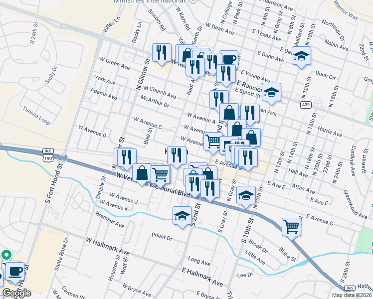 map of restaurants, bars, coffee shops, grocery stores, and more near 309 North College Street in Killeen