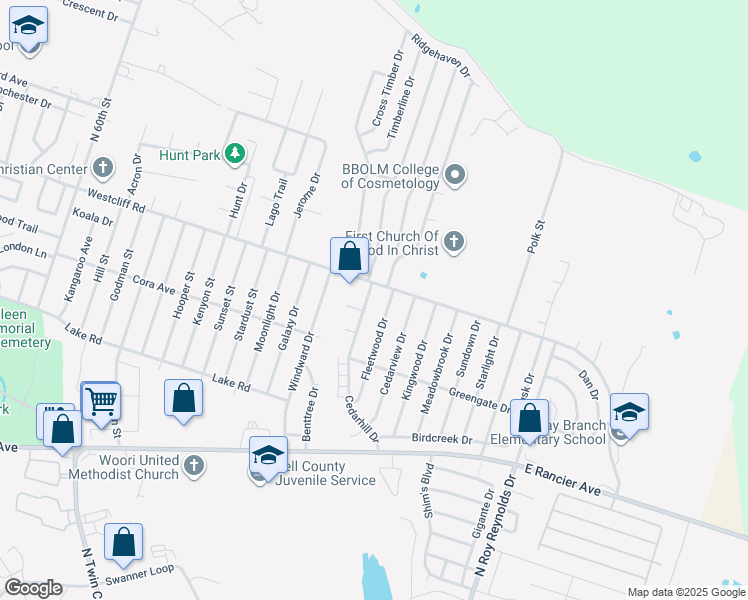map of restaurants, bars, coffee shops, grocery stores, and more near 2014 Cedarhill Drive in Killeen
