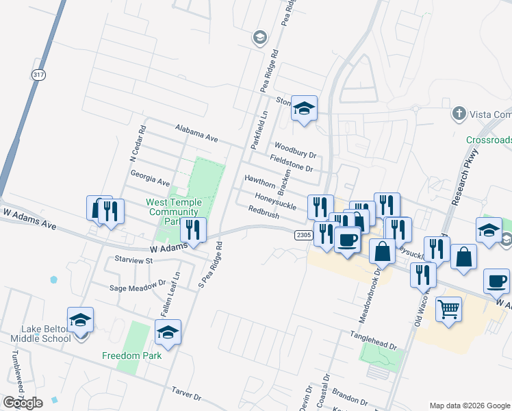 map of restaurants, bars, coffee shops, grocery stores, and more near 8004 Honeysuckle Drive in Temple