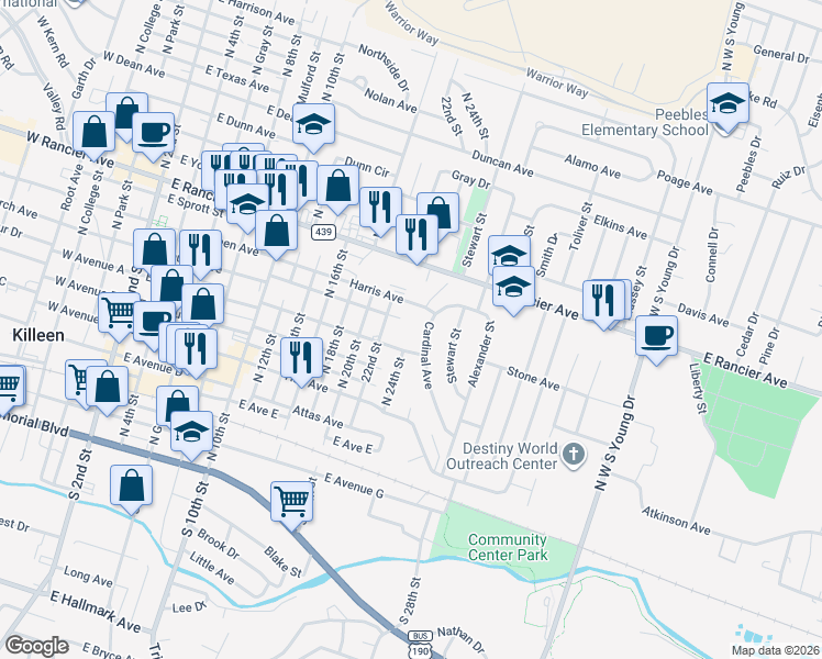 map of restaurants, bars, coffee shops, grocery stores, and more near 1312 Harris Avenue in Killeen