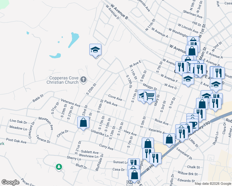 map of restaurants, bars, coffee shops, grocery stores, and more near 703 South 19th Street in Copperas Cove