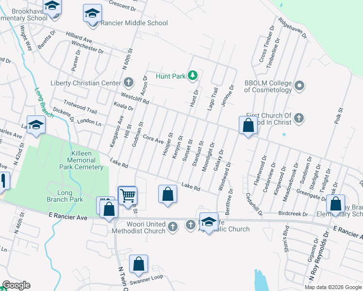 map of restaurants, bars, coffee shops, grocery stores, and more near 1904 Kenyon Street in Killeen