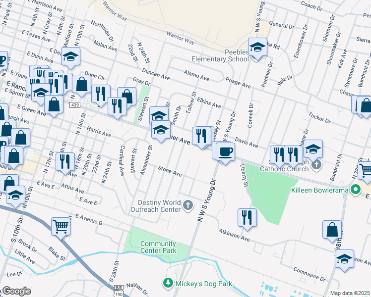 map of restaurants, bars, coffee shops, grocery stores, and more near 1800 East Rancier Avenue in Killeen