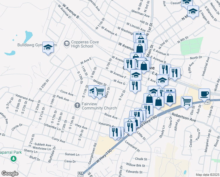 map of restaurants, bars, coffee shops, grocery stores, and more near 502 Mary Street in Copperas Cove
