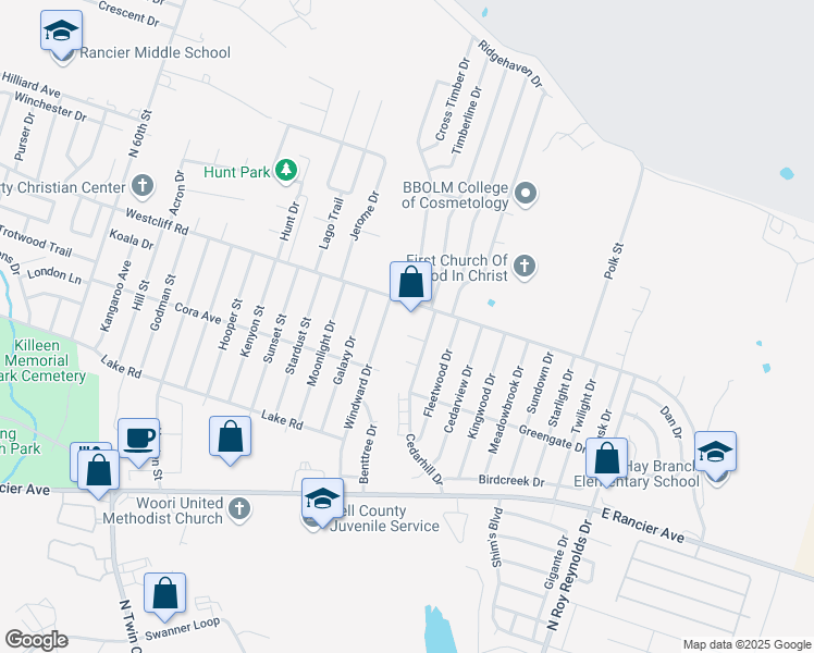 map of restaurants, bars, coffee shops, grocery stores, and more near 4808 Westcliff Road in Killeen