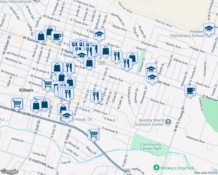 map of restaurants, bars, coffee shops, grocery stores, and more near 914 Brewster Avenue in Killeen