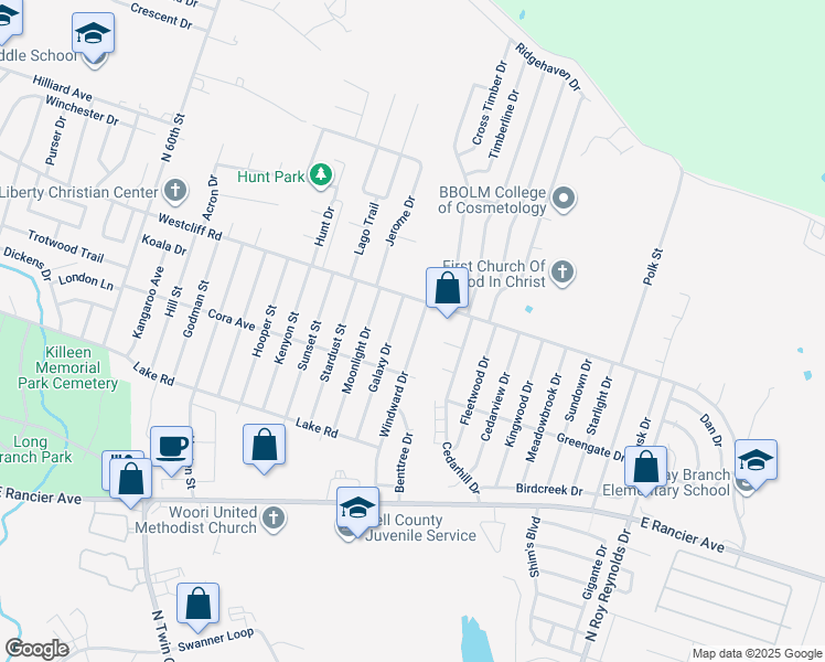 map of restaurants, bars, coffee shops, grocery stores, and more near 2009 Windward Drive in Killeen
