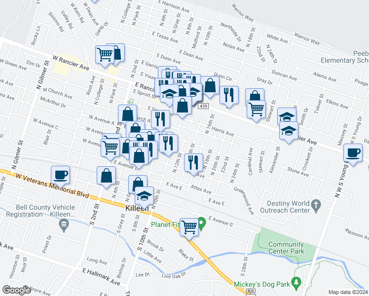 map of restaurants, bars, coffee shops, grocery stores, and more near 604 Parmer Avenue in Killeen