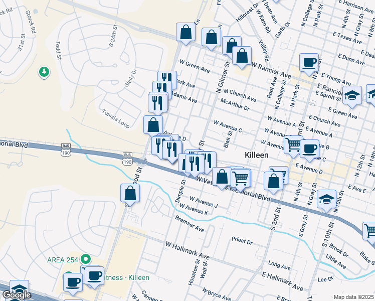 map of restaurants, bars, coffee shops, grocery stores, and more near 809 West Avenue D in Killeen