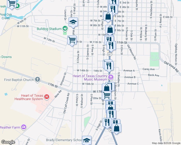 map of restaurants, bars, coffee shops, grocery stores, and more near 1508 South Pine Street in Brady