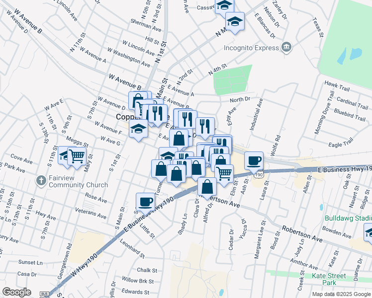 map of restaurants, bars, coffee shops, grocery stores, and more near 306 East Avenue East in Copperas Cove