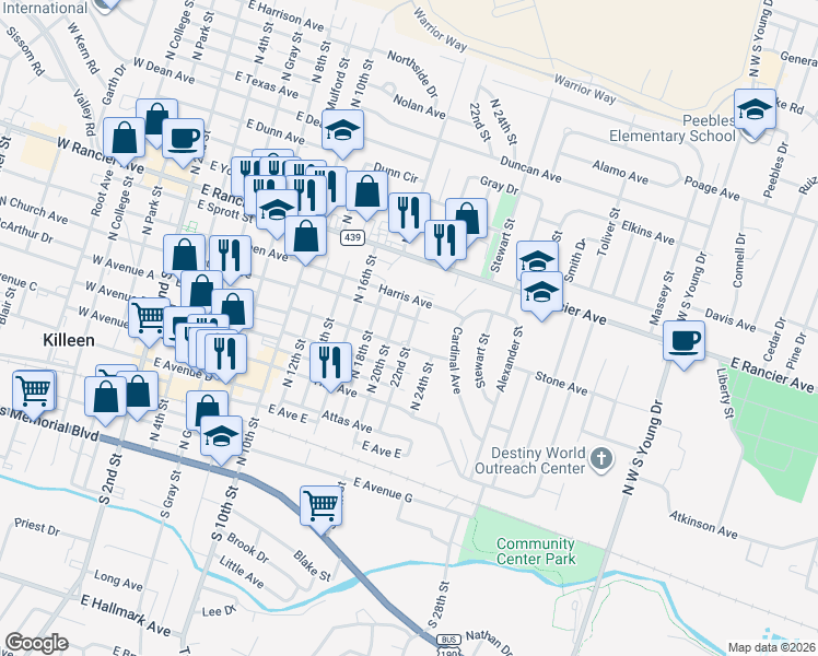 map of restaurants, bars, coffee shops, grocery stores, and more near 914 Brewster Avenue in Killeen