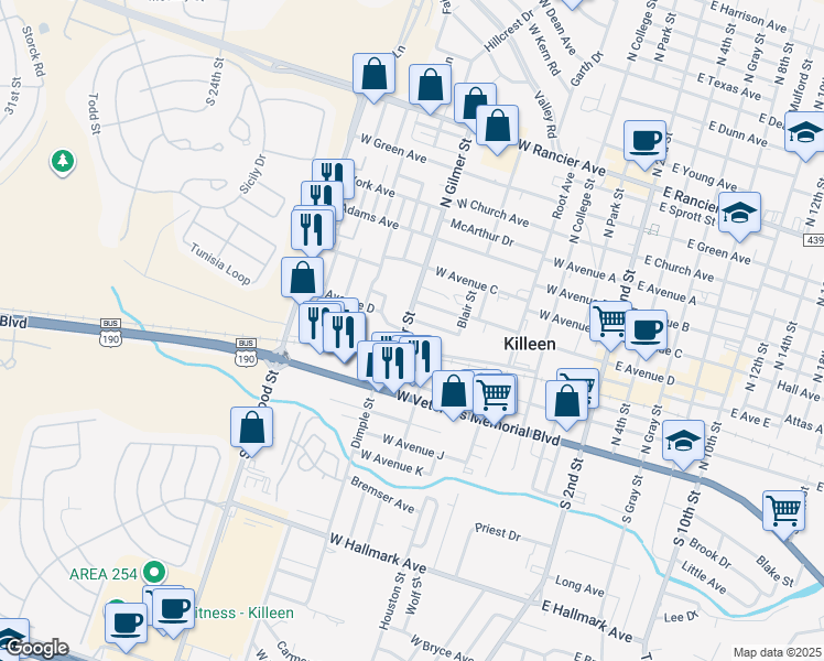 map of restaurants, bars, coffee shops, grocery stores, and more near 809 West Avenue D in Killeen