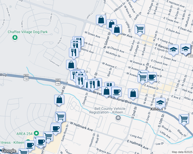 map of restaurants, bars, coffee shops, grocery stores, and more near 809 West Avenue D in Killeen
