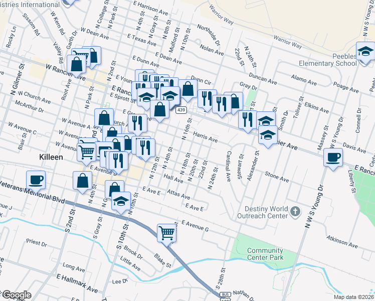 map of restaurants, bars, coffee shops, grocery stores, and more near 614 North 16th Street in Killeen