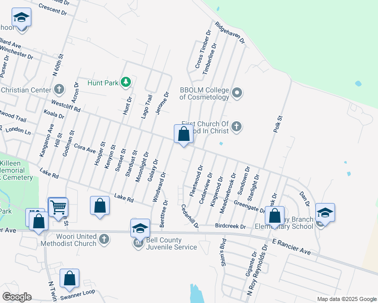map of restaurants, bars, coffee shops, grocery stores, and more near 4808 Westcliff Road in Killeen
