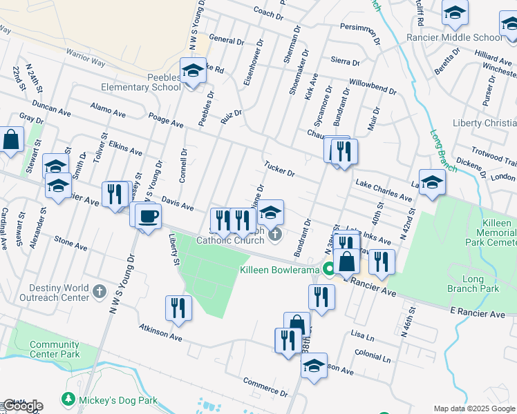 map of restaurants, bars, coffee shops, grocery stores, and more near 2607 Lu Circle in Killeen