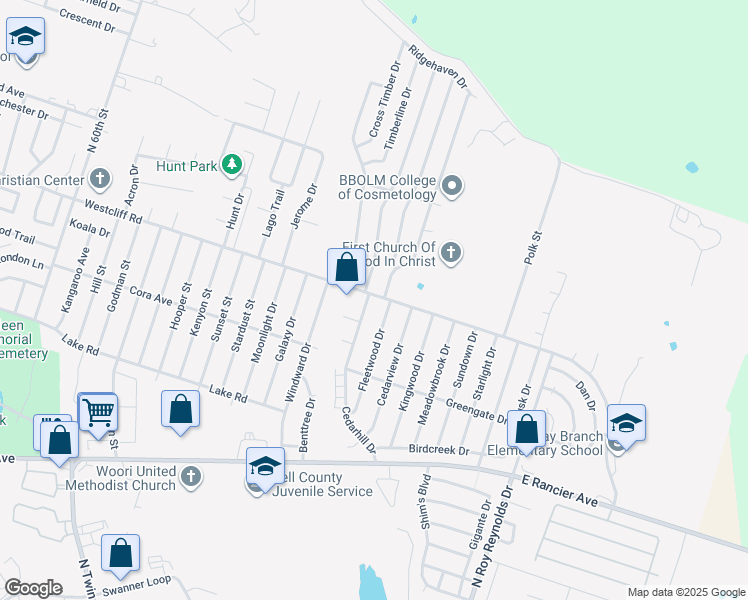 map of restaurants, bars, coffee shops, grocery stores, and more near 2018 Cedarhill Drive in Killeen