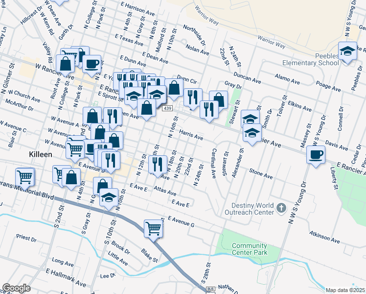 map of restaurants, bars, coffee shops, grocery stores, and more near 914 Brewster Avenue in Killeen