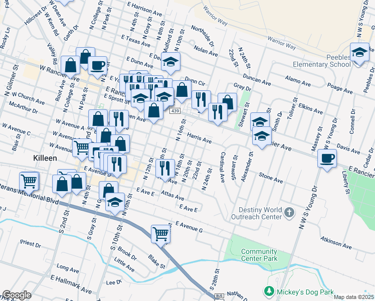 map of restaurants, bars, coffee shops, grocery stores, and more near 914 Brewster Avenue in Killeen