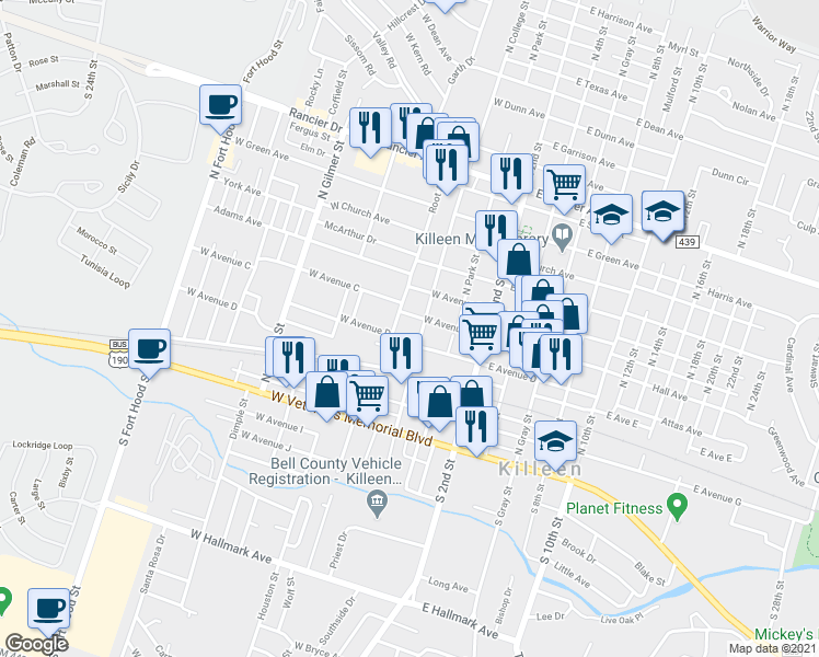 map of restaurants, bars, coffee shops, grocery stores, and more near 309 North College Street in Killeen
