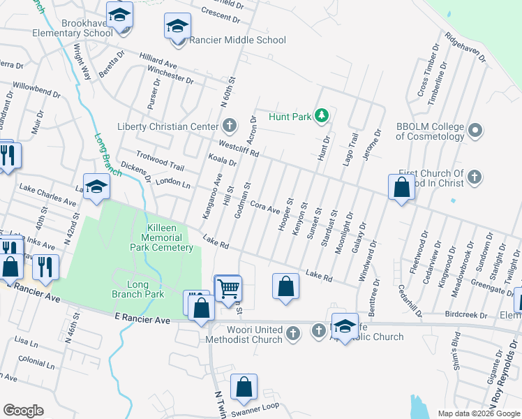 map of restaurants, bars, coffee shops, grocery stores, and more near 1808 Hooten Street in Killeen