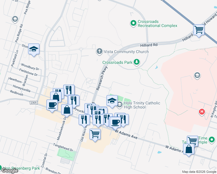 map of restaurants, bars, coffee shops, grocery stores, and more near 419 Hilliard Rd in Temple