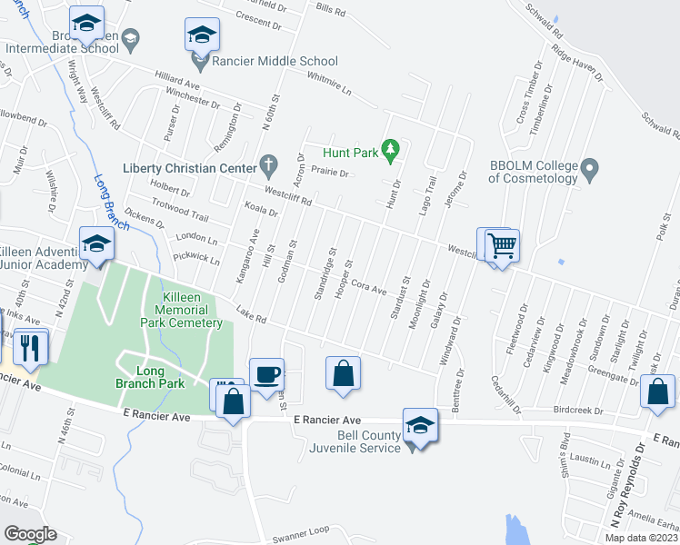 map of restaurants, bars, coffee shops, grocery stores, and more near 1901 Hooper Street in Killeen
