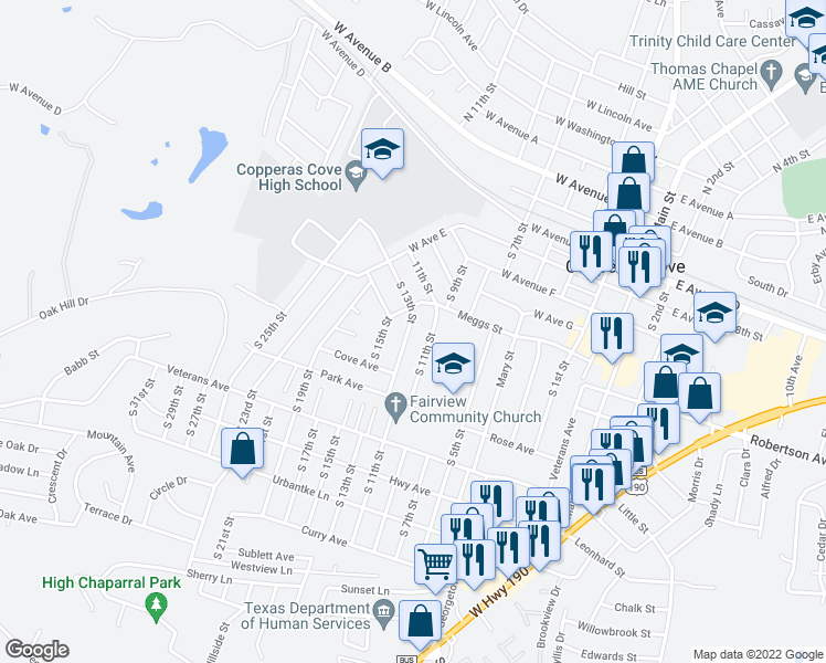 map of restaurants, bars, coffee shops, grocery stores, and more near 609 South 13th Street in Copperas Cove