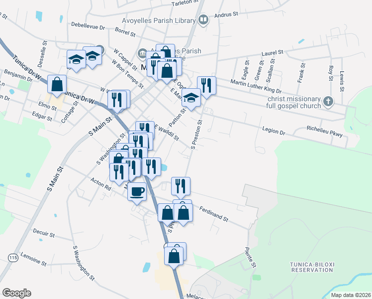 map of restaurants, bars, coffee shops, grocery stores, and more near 400-408 E Waddil St in Marksville
