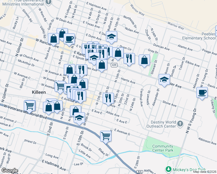 map of restaurants, bars, coffee shops, grocery stores, and more near 604 Parmer Avenue in Killeen