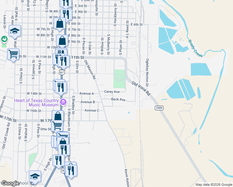 map of restaurants, bars, coffee shops, grocery stores, and more near 806 Carey Avenue in Brady