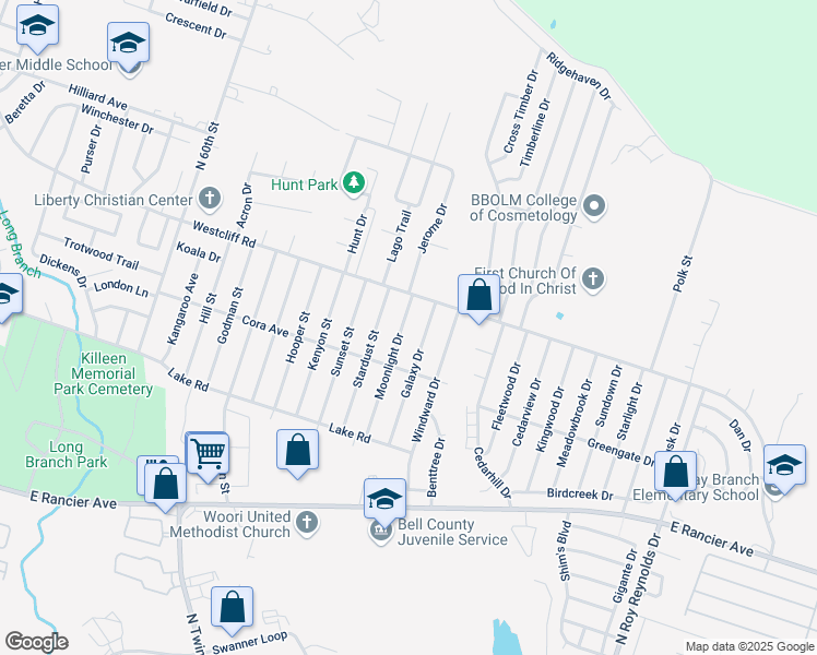 map of restaurants, bars, coffee shops, grocery stores, and more near 2006 Moonlight Drive in Killeen