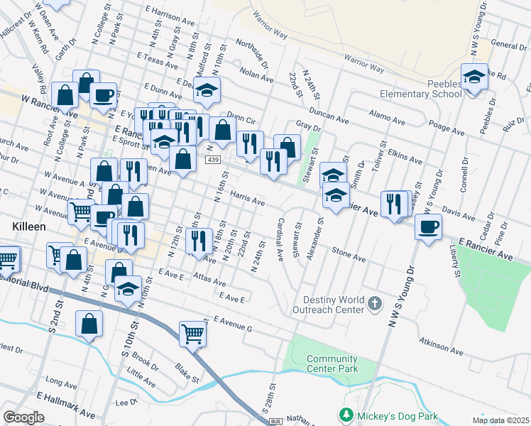 map of restaurants, bars, coffee shops, grocery stores, and more near 1306 Harris Avenue in Killeen