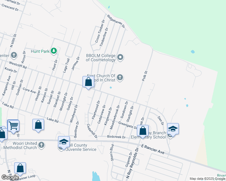 map of restaurants, bars, coffee shops, grocery stores, and more near 5103 Westcliff Road in Killeen