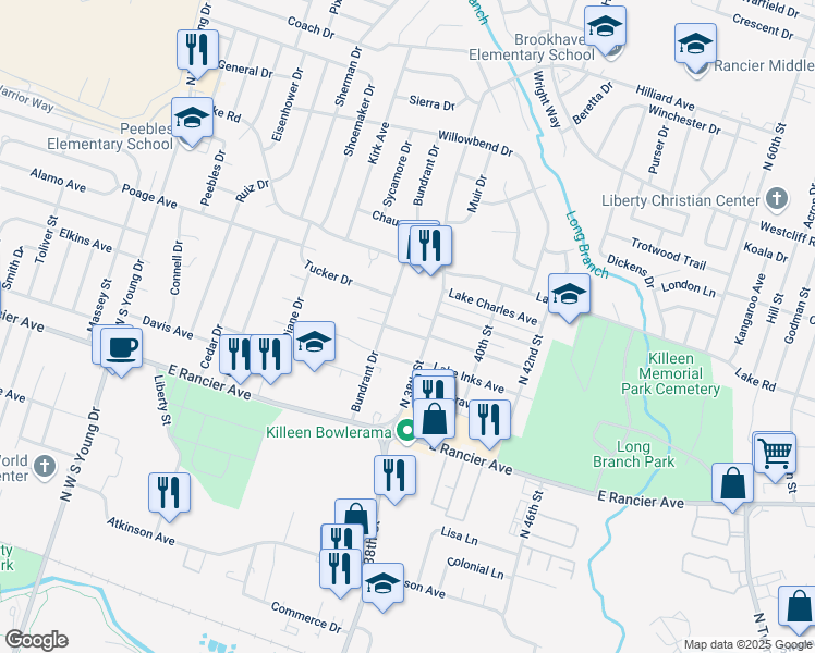 map of restaurants, bars, coffee shops, grocery stores, and more near 3101 Clinkenbeard Drive in Killeen