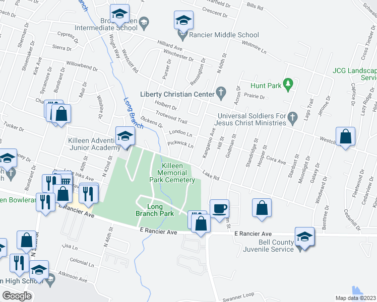 map of restaurants, bars, coffee shops, grocery stores, and more near 1709 North 60th Street in Killeen