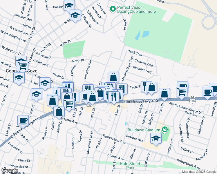 map of restaurants, bars, coffee shops, grocery stores, and more near 1011 Hawk Trail in Copperas Cove