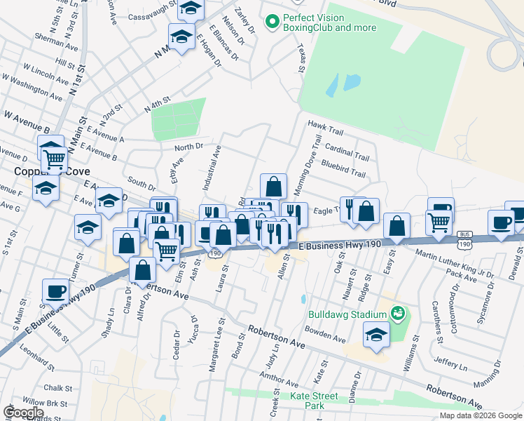 map of restaurants, bars, coffee shops, grocery stores, and more near 1011 Hawk Trail in Copperas Cove